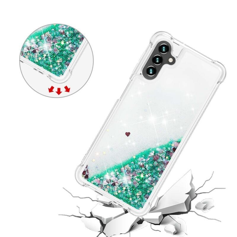 Glitter přesýpací gelový obal na Samsung Galaxy A34 5G - zelený/srdíčka