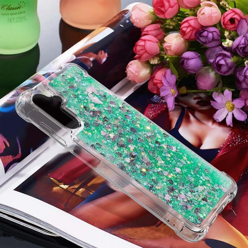 Glitter přesýpací gelový obal na Samsung Galaxy A34 5G - zelený/srdíčka