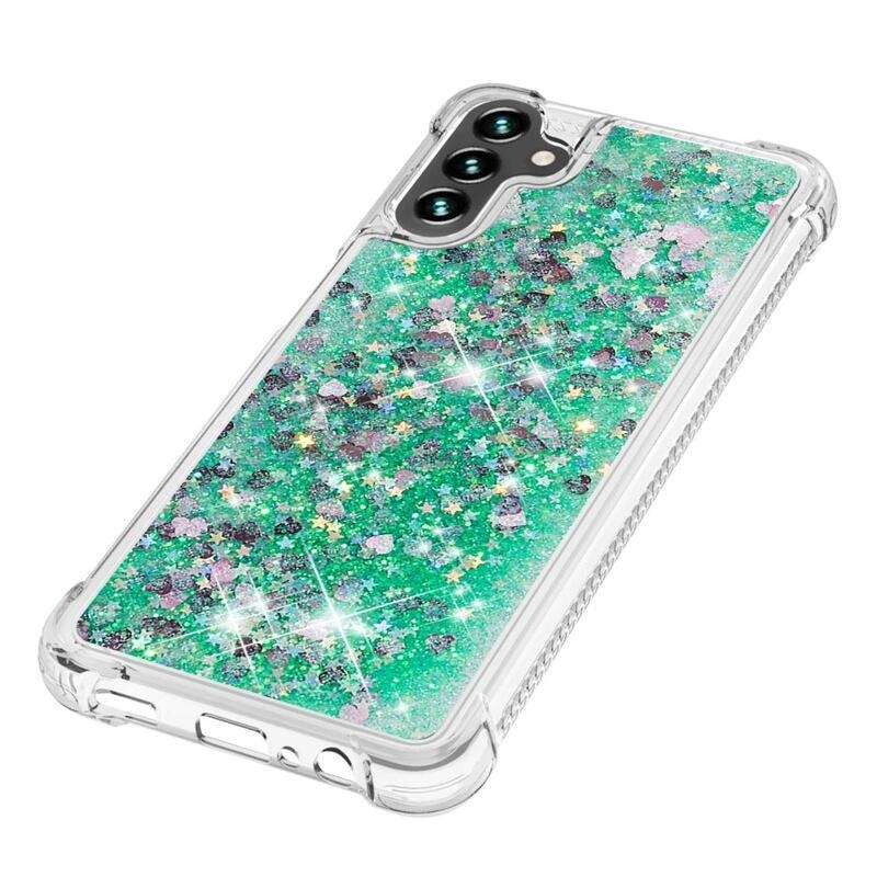 Glitter přesýpací gelový obal na Samsung Galaxy A34 5G - zelený/srdíčka