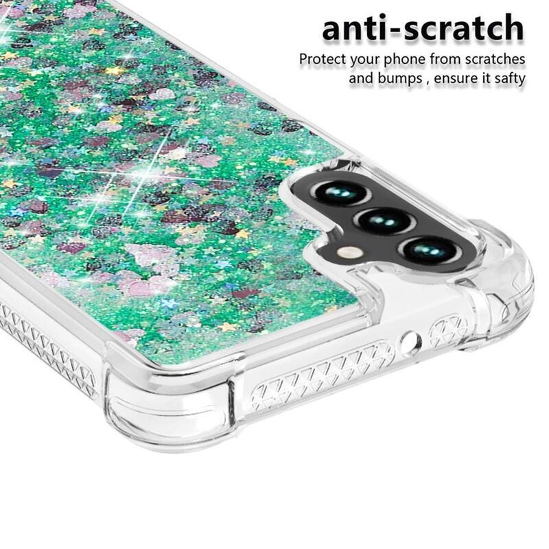 Glitter přesýpací gelový obal na Samsung Galaxy A34 5G - zelený/srdíčka