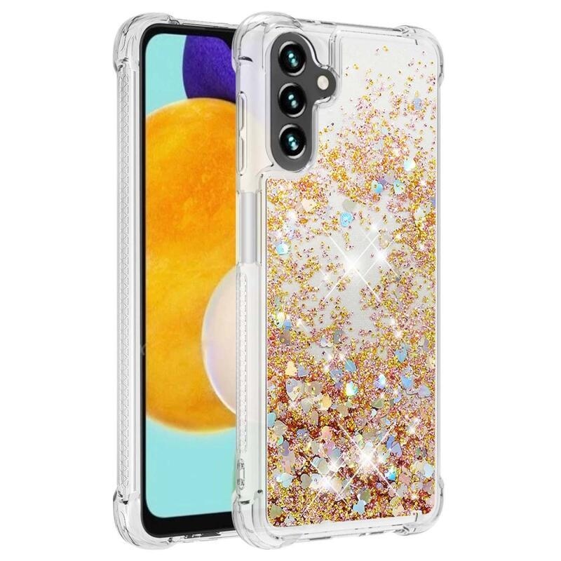 Glitter přesýpací gelový obal na Samsung Galaxy A34 5G - zlatý/srdíčka