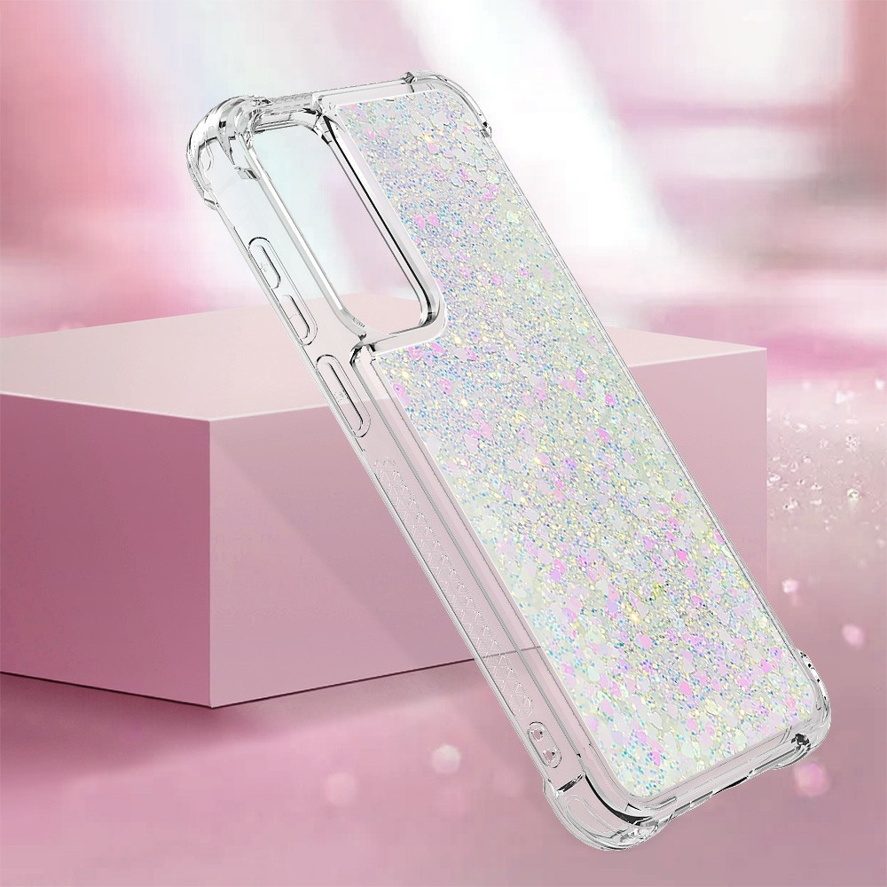 Glitter přesýpací gelový obal na Samsung Galaxy A37 5G - růžovostříbrný/srdíčka