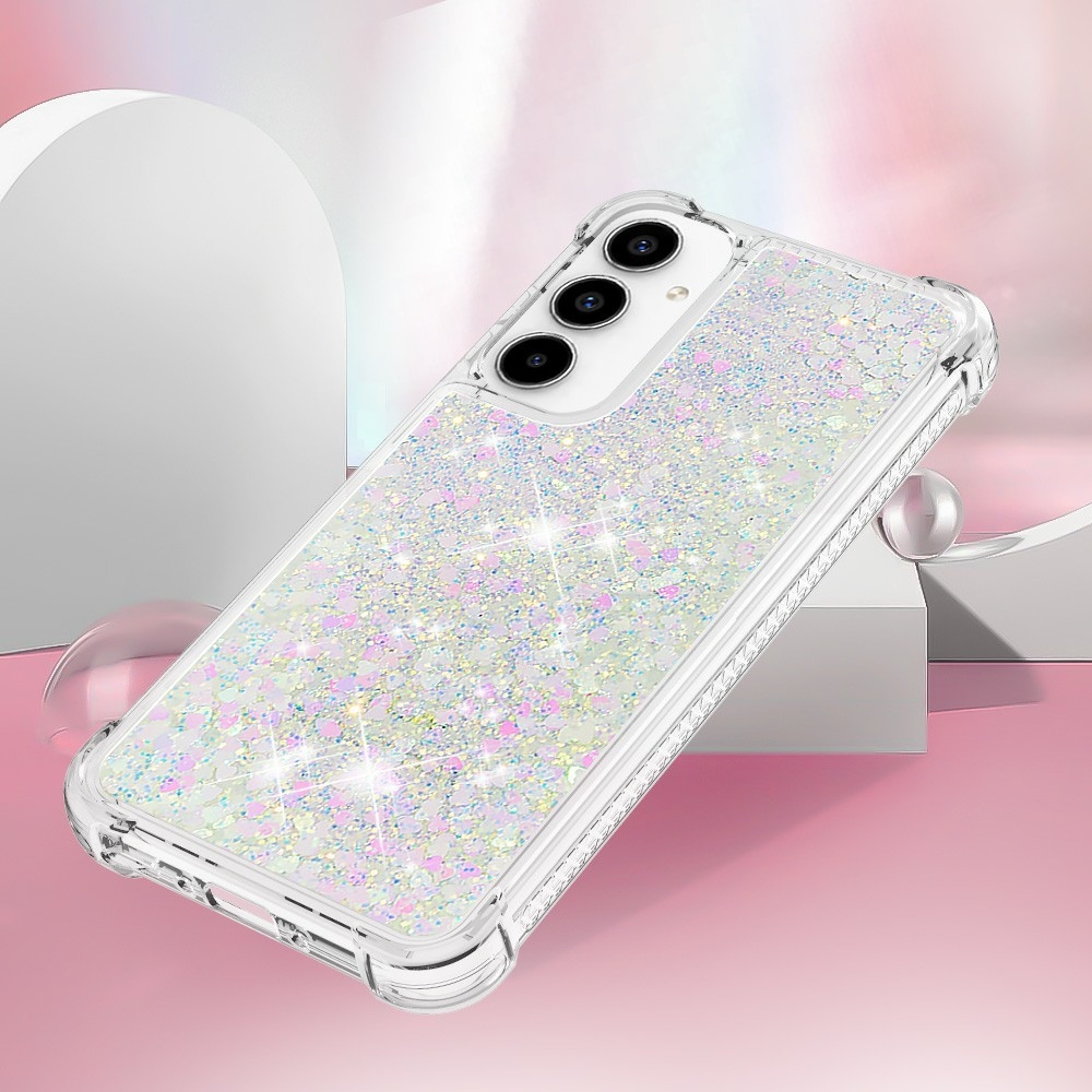Glitter přesýpací gelový obal na Samsung Galaxy A37 5G - růžovostříbrný/srdíčka