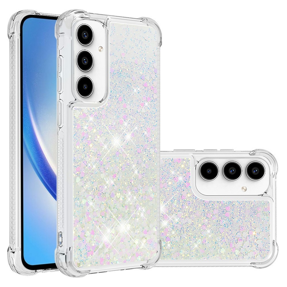 Glitter přesýpací gelový obal na Samsung Galaxy A37 5G - růžovostříbrný/srdíčka