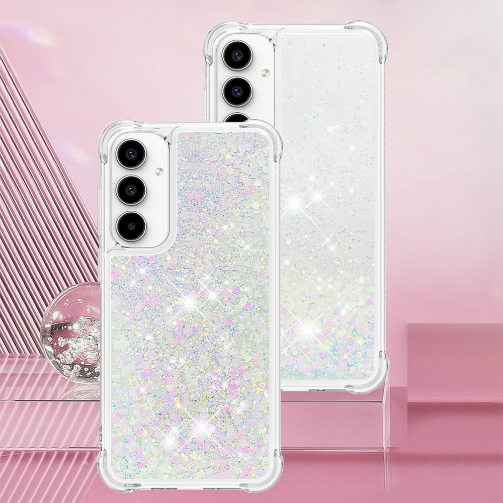 Glitter přesýpací gelový obal na Samsung Galaxy A37 5G - růžovostříbrný/srdíčka