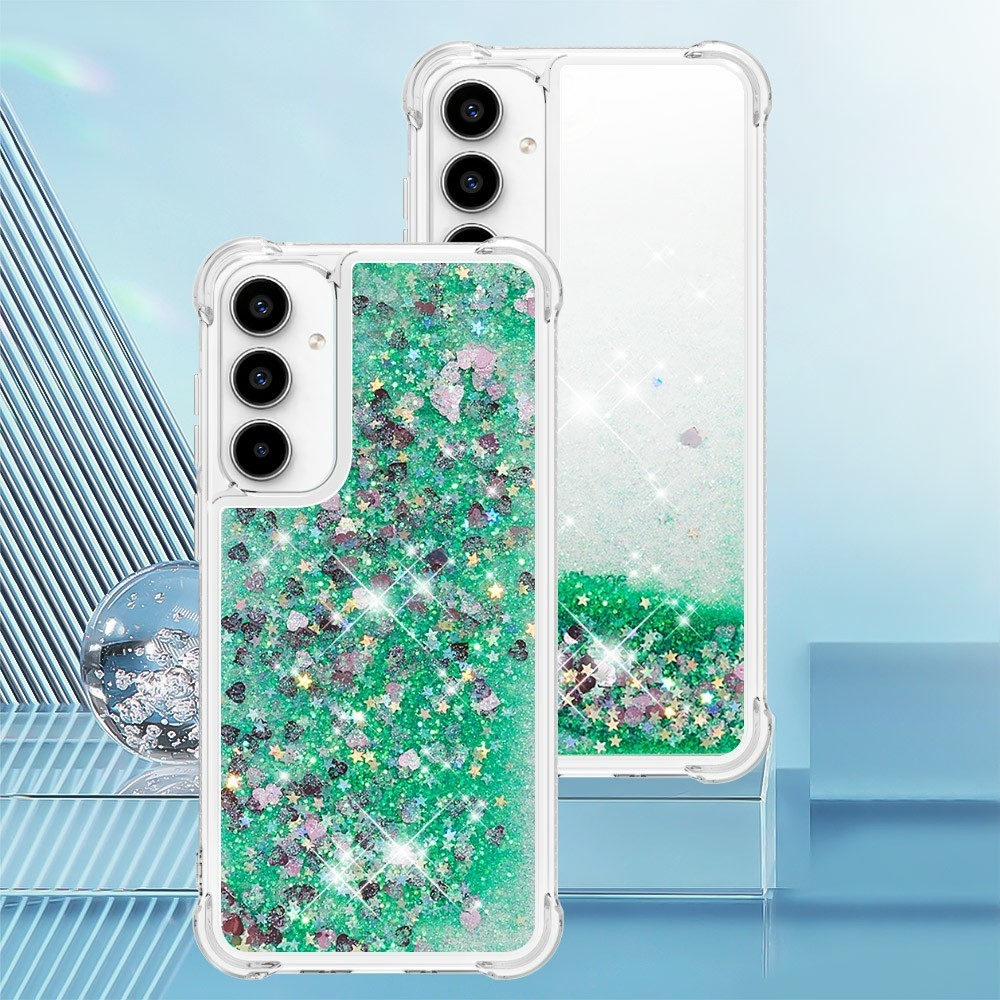 Glitter přesýpací gelový obal na Samsung Galaxy A37 5G - zelený/srdíčka