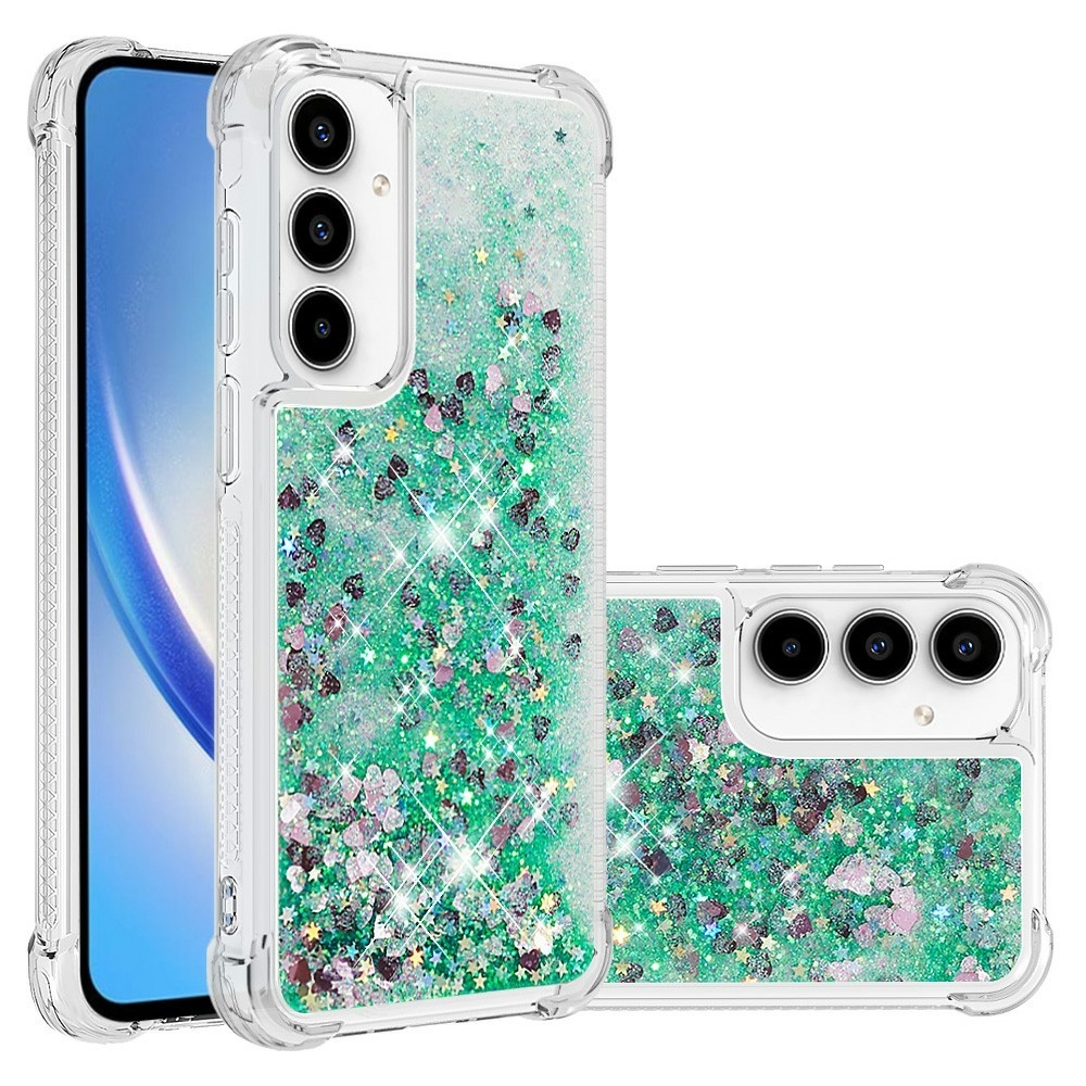 Glitter přesýpací gelový obal na Samsung Galaxy A37 5G - zelený/srdíčka