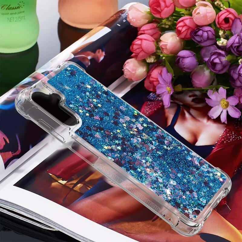 Glitter přesýpací gelový obal na Samsung Galaxy A54 5G - modrý/srdíčka