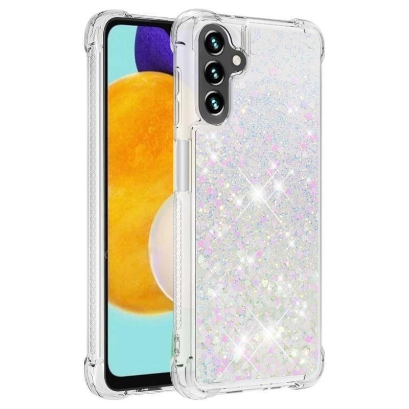 Glitter přesýpací gelový obal na Samsung Galaxy A54 5G - růžovostříbrný/srdíčka