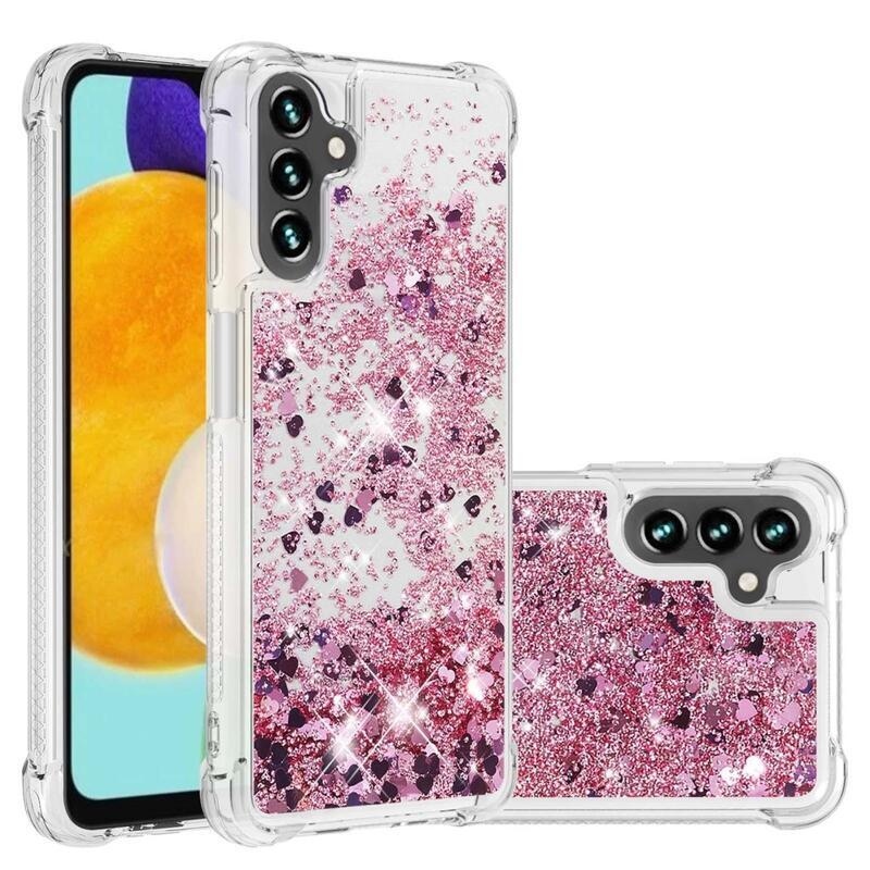Glitter přesýpací gelový obal na Samsung Galaxy A54 5G - růžovozlatý/srdíčka