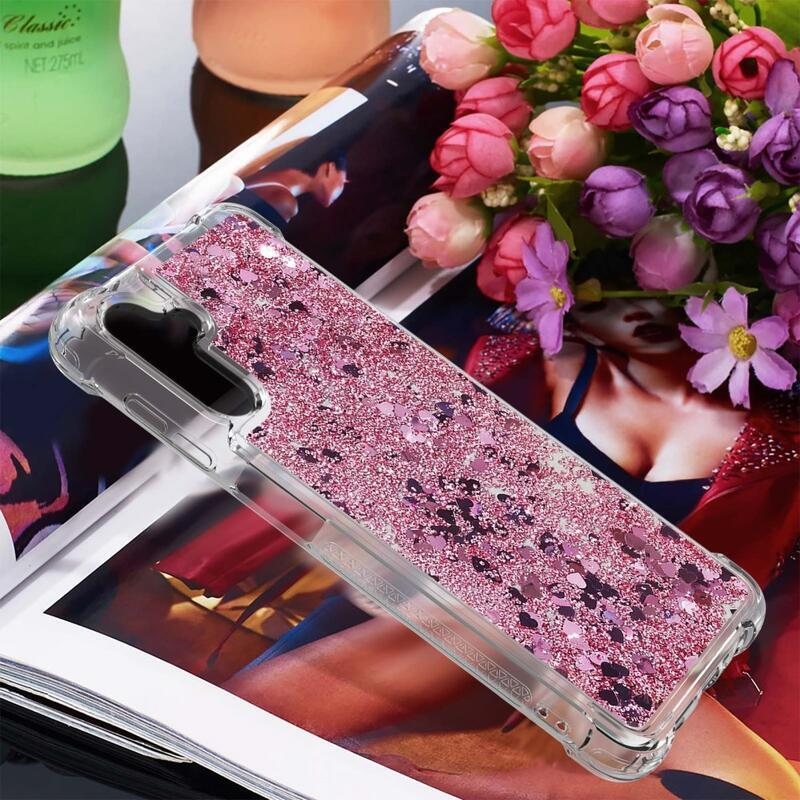 Glitter přesýpací gelový obal na Samsung Galaxy A54 5G - růžovozlatý/srdíčka