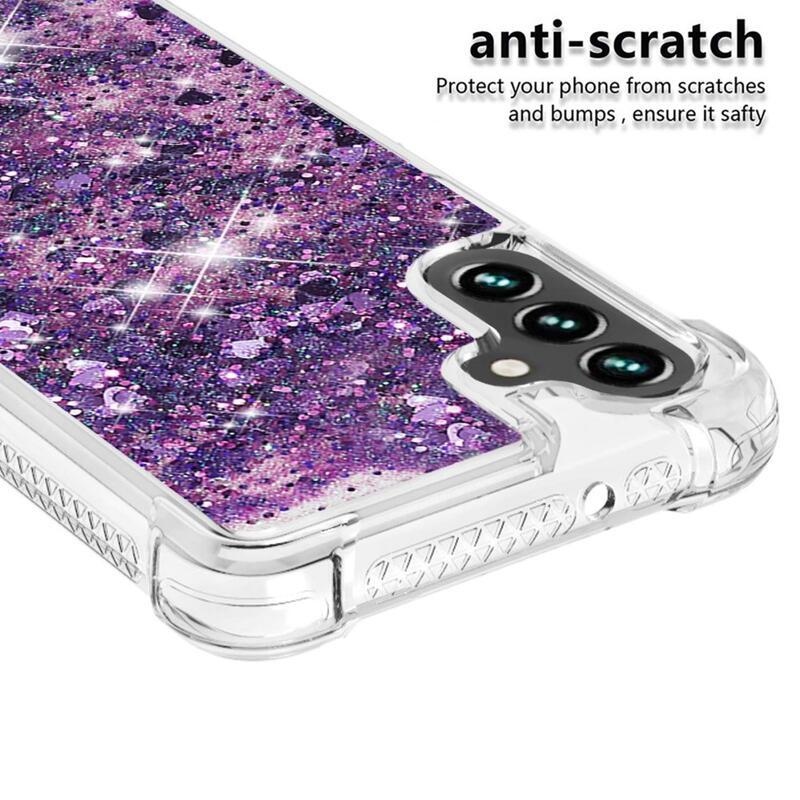 Glitter přesýpací gelový obal na Samsung Galaxy A54 5G - tmavěfialový/srdíčka