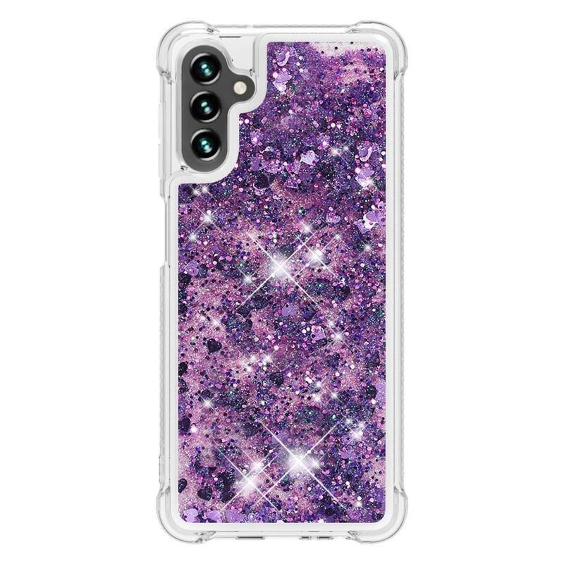 Glitter přesýpací gelový obal na Samsung Galaxy A54 5G - tmavěfialový/srdíčka