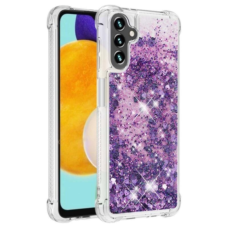 Glitter přesýpací gelový obal na Samsung Galaxy A54 5G - tmavěfialový/srdíčka