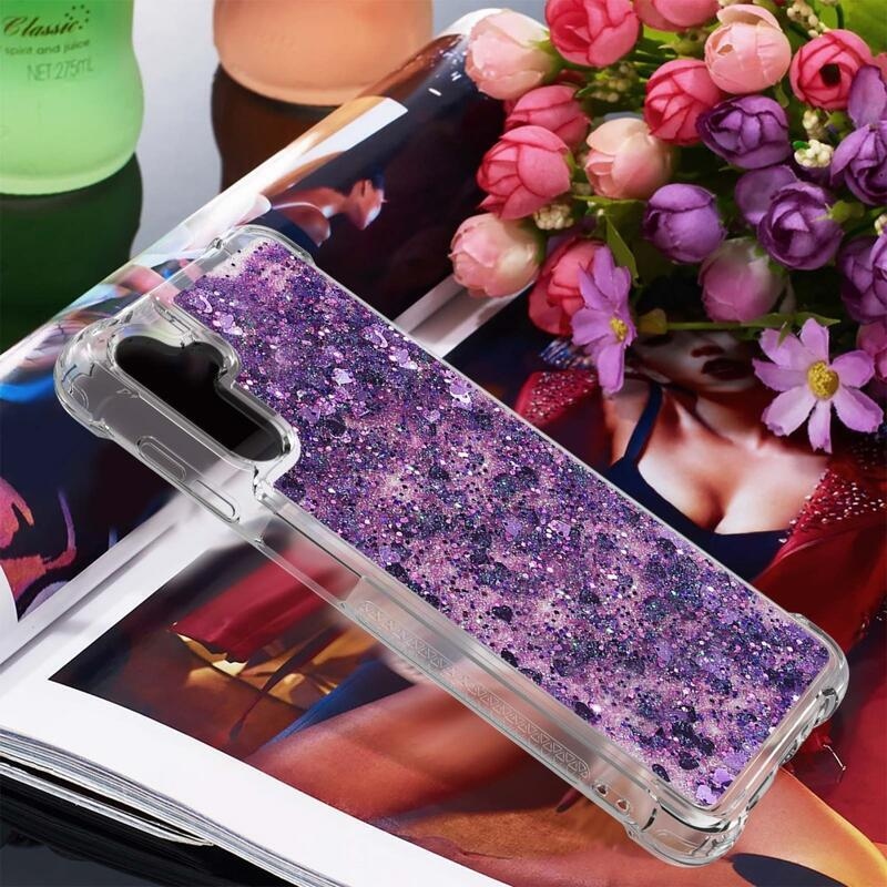 Glitter přesýpací gelový obal na Samsung Galaxy A54 5G - tmavěfialový/srdíčka