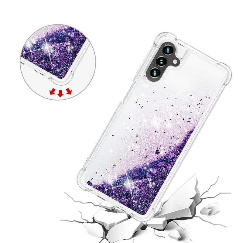 Glitter přesýpací gelový obal na Samsung Galaxy A54 5G - tmavěfialový/srdíčka