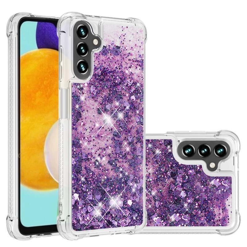 Glitter přesýpací gelový obal na Samsung Galaxy A54 5G - tmavěfialový/srdíčka