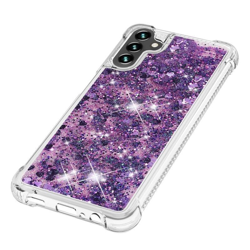Glitter přesýpací gelový obal na Samsung Galaxy A54 5G - tmavěfialový/srdíčka