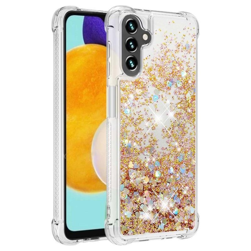 Glitter přesýpací gelový obal na Samsung Galaxy A54 5G - zlatý/srdíčka