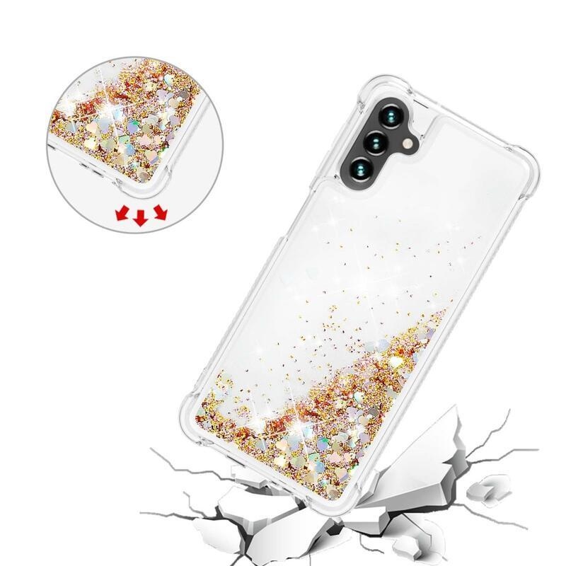 Glitter přesýpací gelový obal na Samsung Galaxy A54 5G - zlatý/srdíčka