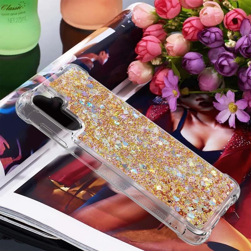 Glitter přesýpací gelový obal na Samsung Galaxy A54 5G - zlatý/srdíčka