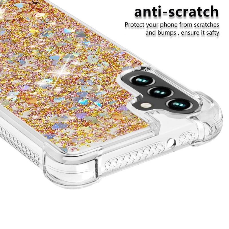 Glitter přesýpací gelový obal na Samsung Galaxy A54 5G - zlatý/srdíčka