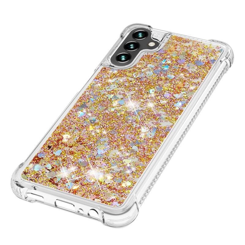 Glitter přesýpací gelový obal na Samsung Galaxy A54 5G - zlatý/srdíčka