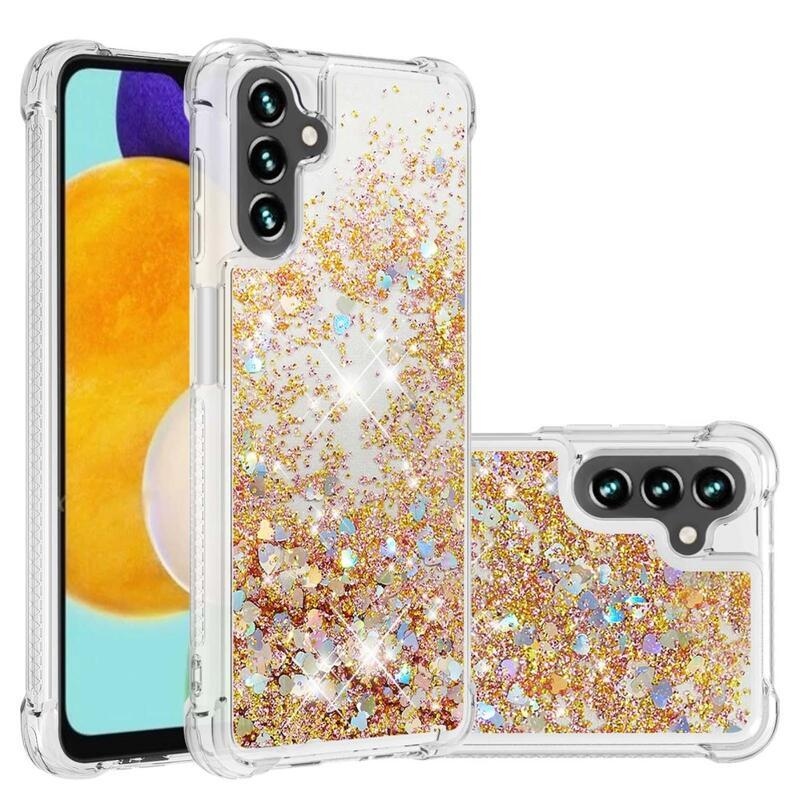 Glitter přesýpací gelový obal na Samsung Galaxy A54 5G - zlatý/srdíčka