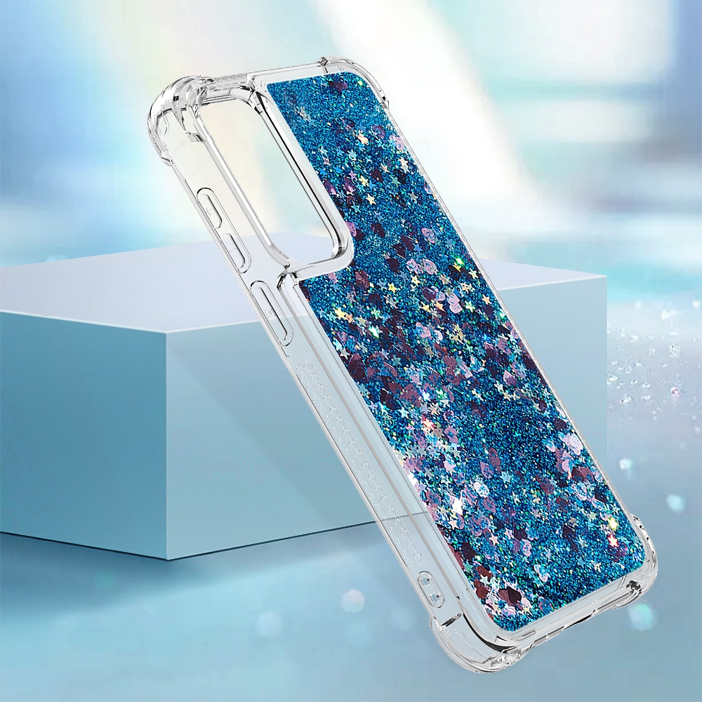 Glitter přesýpací gelový obal na Samsung Galaxy A57 5G - modrý/srdíčka