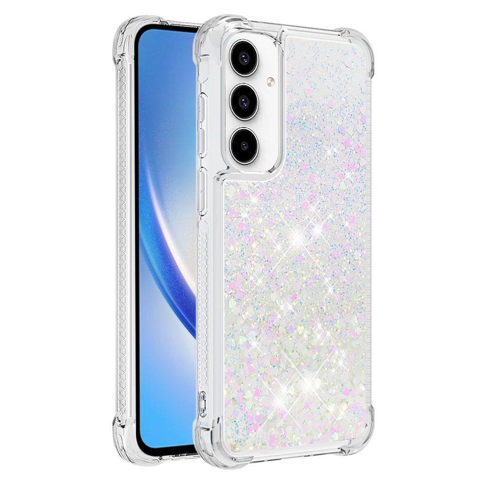 Glitter přesýpací gelový obal na Samsung Galaxy A57 5G - růžovostříbrný/srdíčka