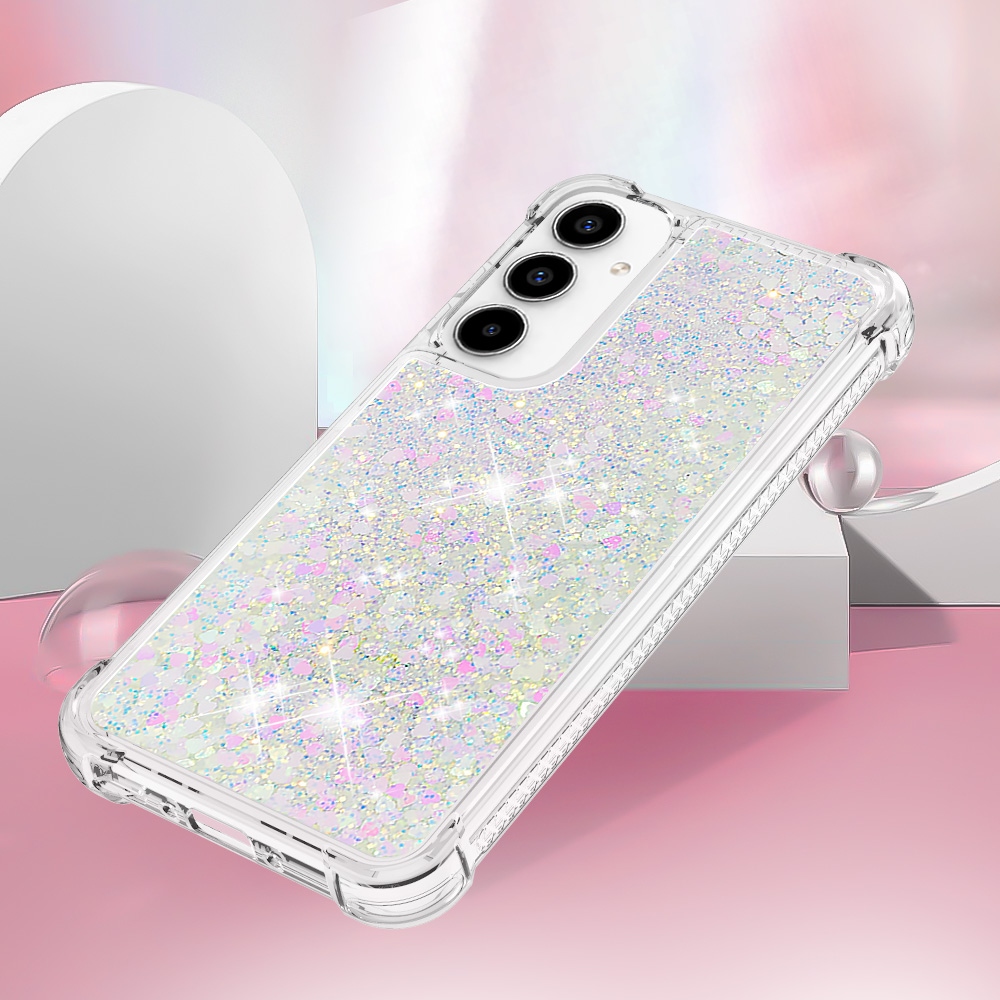 Glitter přesýpací gelový obal na Samsung Galaxy A57 5G - růžovostříbrný/srdíčka