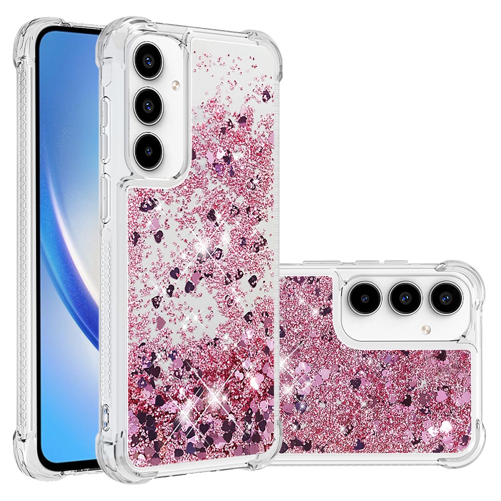 Glitter přesýpací gelový obal na Samsung Galaxy A57 5G - růžovozlatý/srdíčka