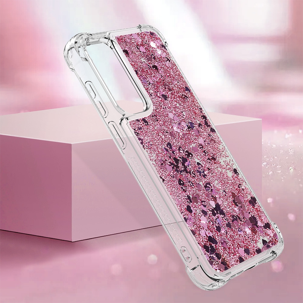 Glitter přesýpací gelový obal na Samsung Galaxy A57 5G - růžovozlatý/srdíčka