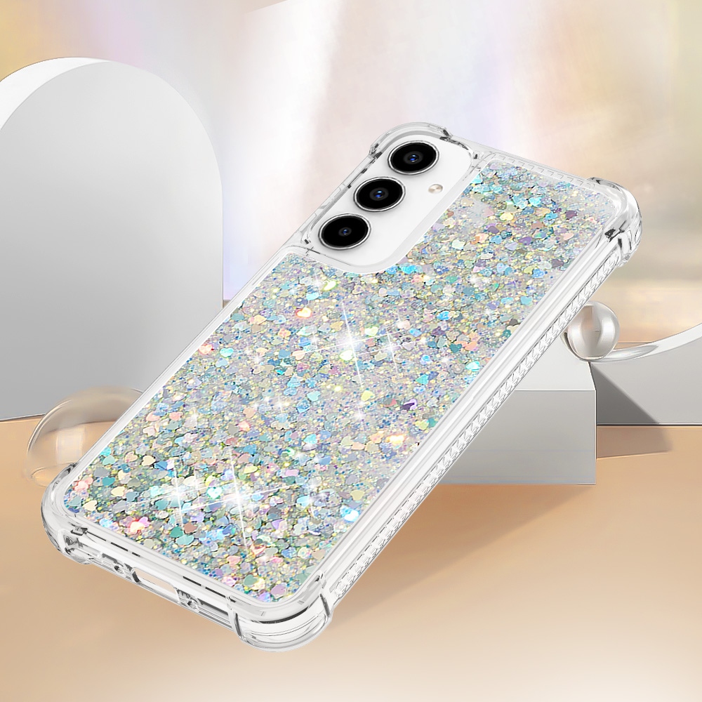 Glitter přesýpací gelový obal na Samsung Galaxy A57 5G - stříbrný/srdíčka