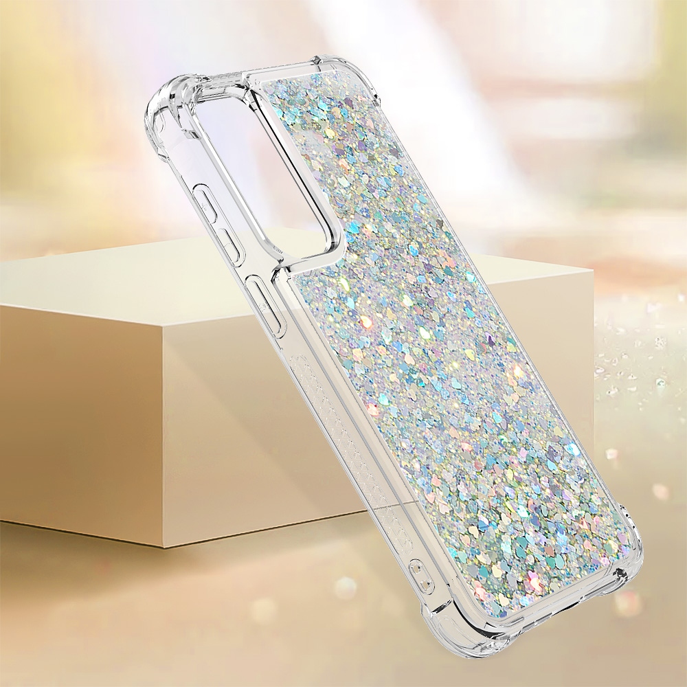 Glitter přesýpací gelový obal na Samsung Galaxy A57 5G - stříbrný/srdíčka