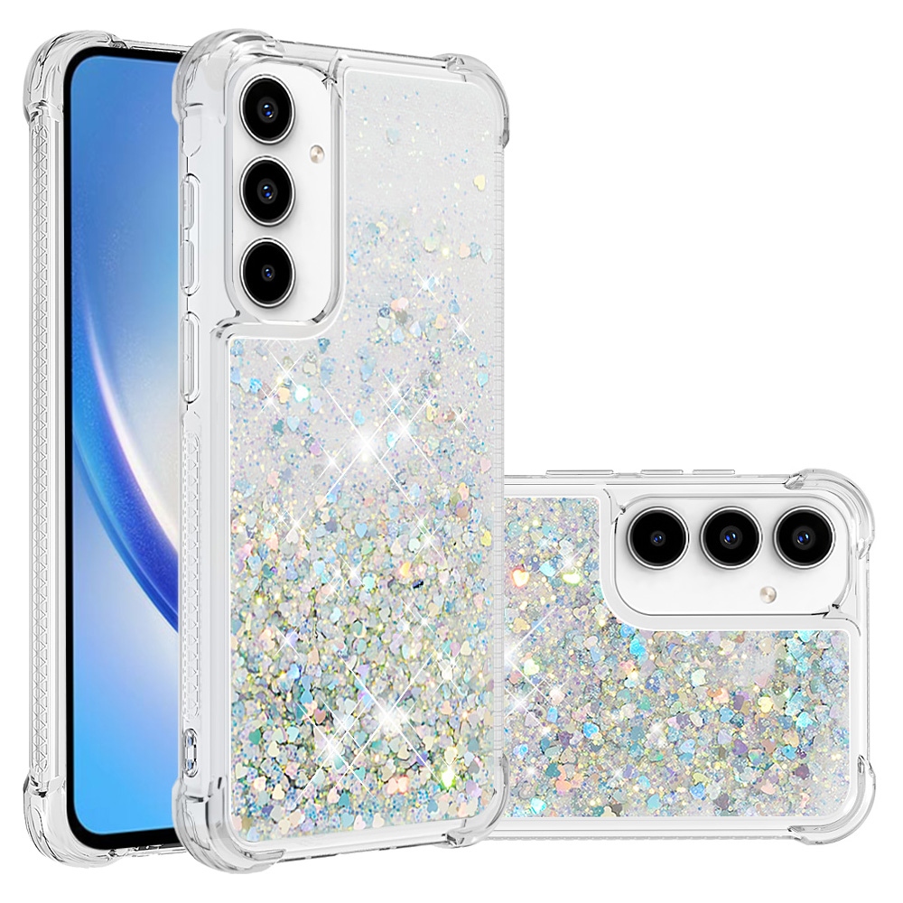 Glitter přesýpací gelový obal na Samsung Galaxy A57 5G - stříbrný/srdíčka