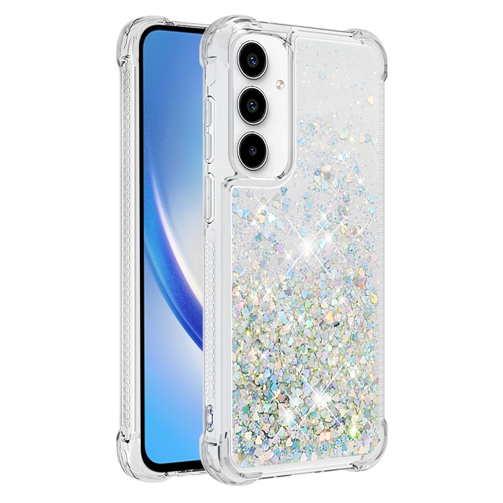 Glitter přesýpací gelový obal na Samsung Galaxy A57 5G - stříbrný/srdíčka
