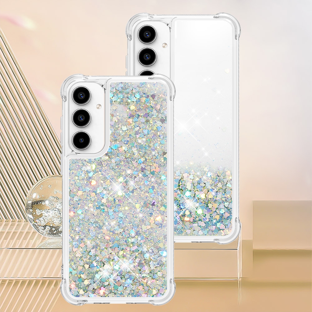 Glitter přesýpací gelový obal na Samsung Galaxy A57 5G - stříbrný/srdíčka