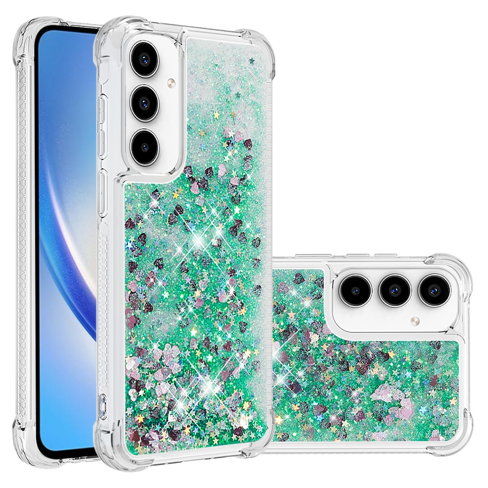 Glitter přesýpací gelový obal na Samsung Galaxy A57 5G - zelený/srdíčka