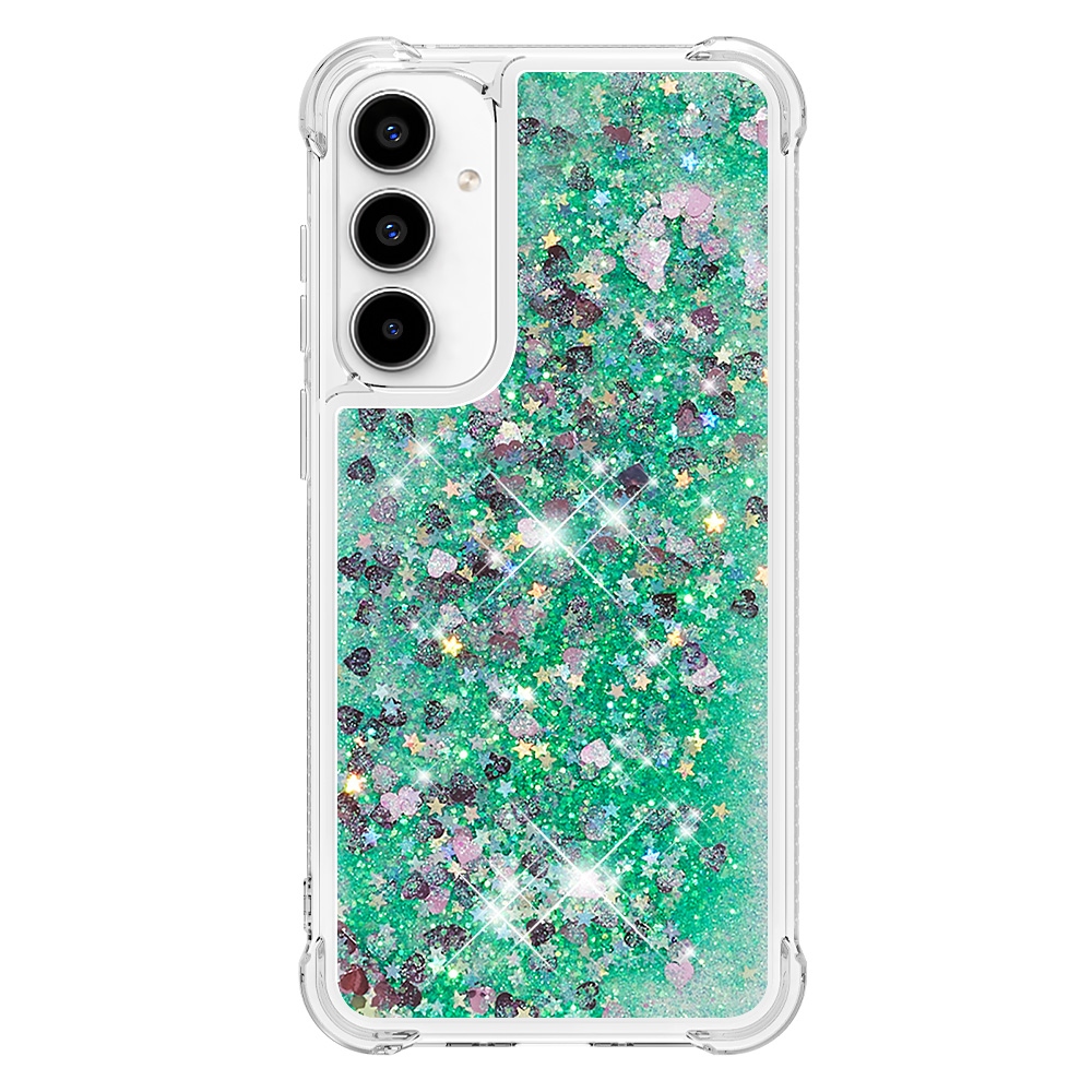 Glitter přesýpací gelový obal na Samsung Galaxy A57 5G - zelený/srdíčka