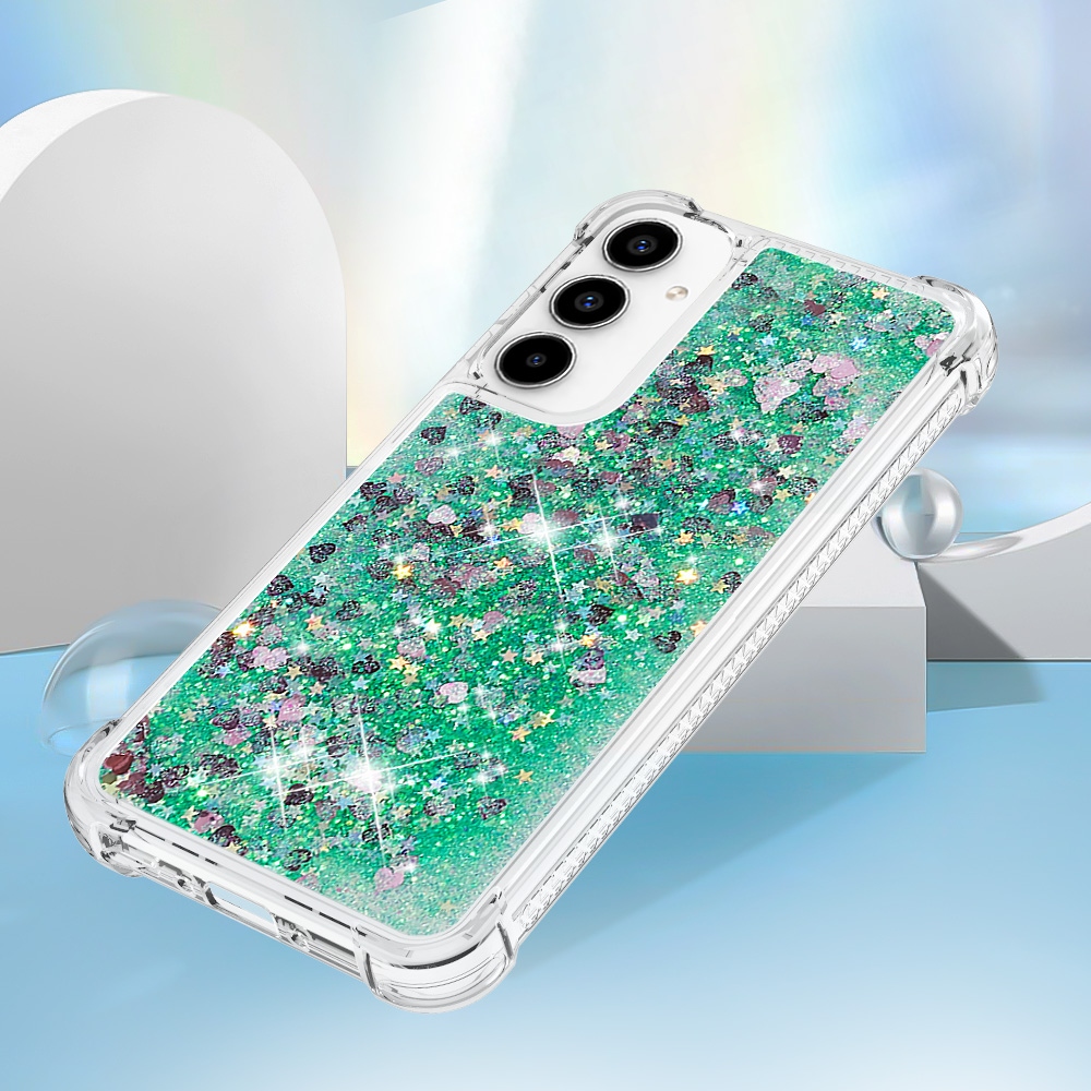 Glitter přesýpací gelový obal na Samsung Galaxy A57 5G - zelený/srdíčka