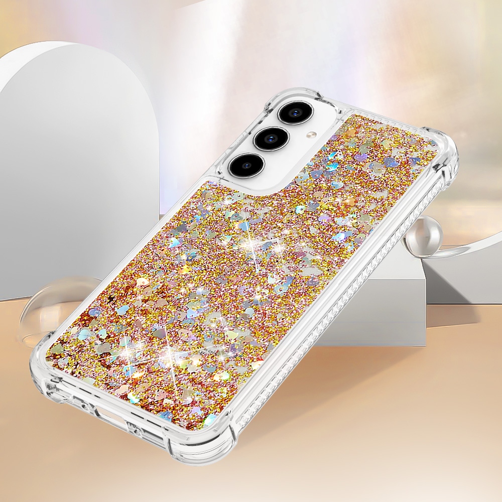 Glitter přesýpací gelový obal na Samsung Galaxy A57 5G - zlatý/srdíčka