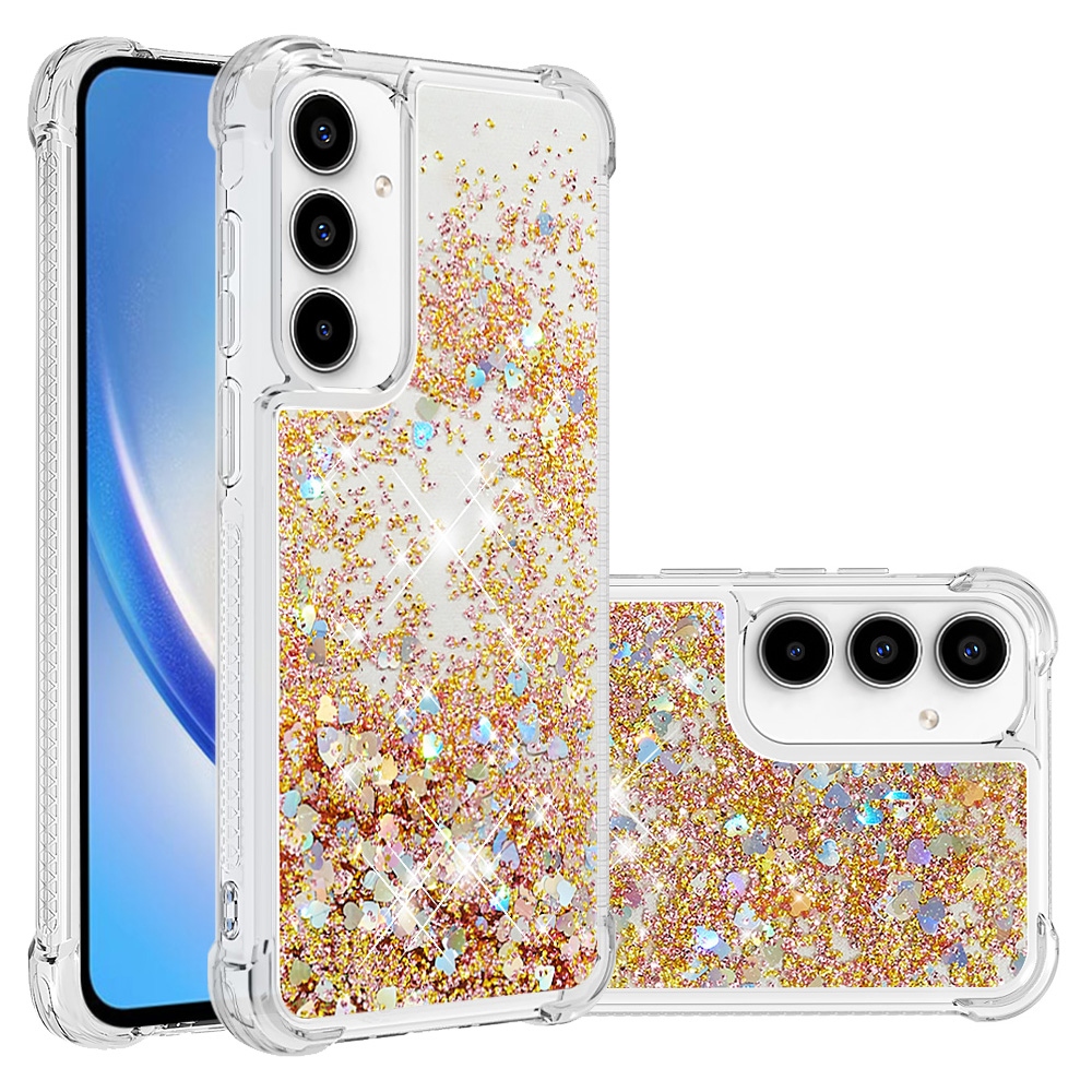 Glitter přesýpací gelový obal na Samsung Galaxy A57 5G - zlatý/srdíčka