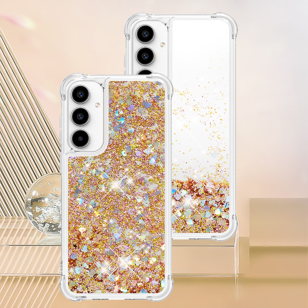 Glitter přesýpací gelový obal na Samsung Galaxy A57 5G - zlatý/srdíčka