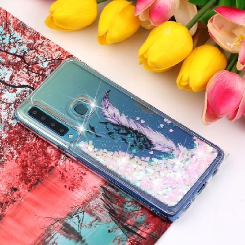 Glitter přesýpací gelový obal na Samsung Galaxy A9 - fialové pírko