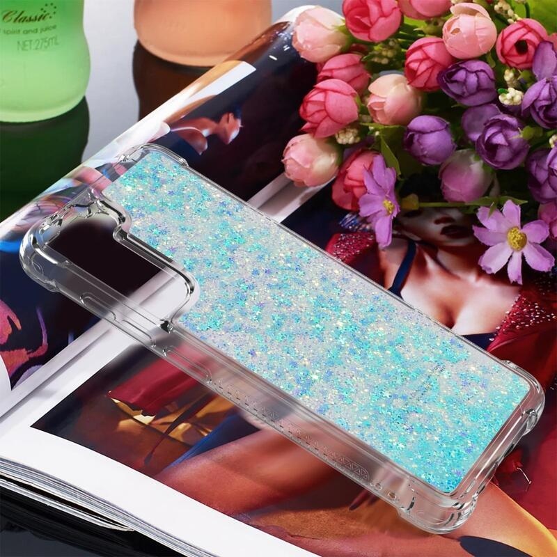 Glitter přesýpací gelový obal na Samsung Galaxy S21 FE 5G - modrý/hvězdičky