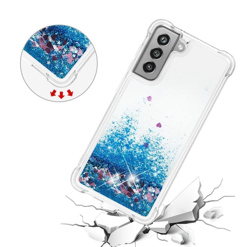 Glitter přesýpací gelový obal na Samsung Galaxy S21 FE 5G - modrý/srdíčka