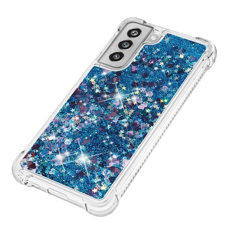 Glitter přesýpací gelový obal na Samsung Galaxy S21 FE 5G - modrý/srdíčka