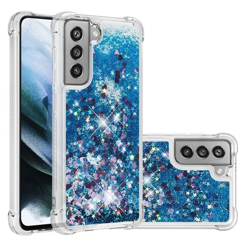 Glitter přesýpací gelový obal na Samsung Galaxy S21 FE 5G - modrý/srdíčka