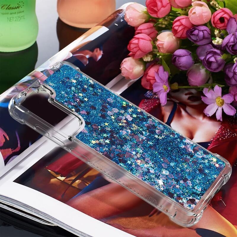 Glitter přesýpací gelový obal na Samsung Galaxy S21 FE 5G - modrý/srdíčka